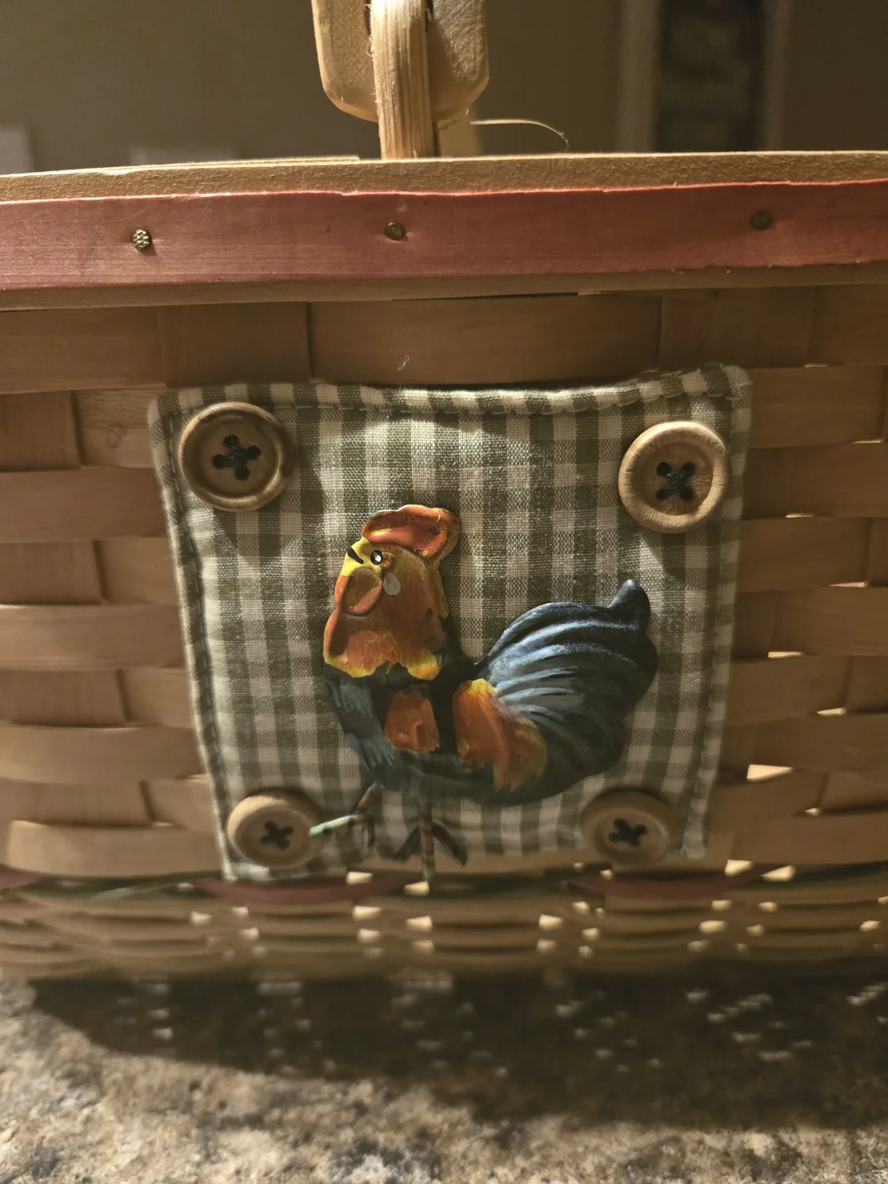 Woven Basket with Rooster Patch - Green & Brown